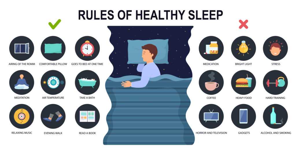 Rules of healthy sleep and causes insomnia. Man sleeping on side in bed